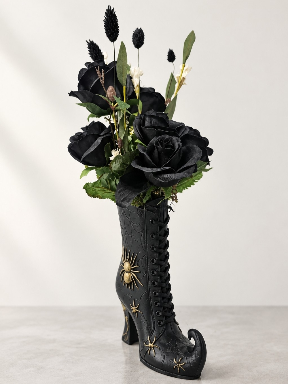 Black Corseted Boot Vase with Gold Accent Embellishments